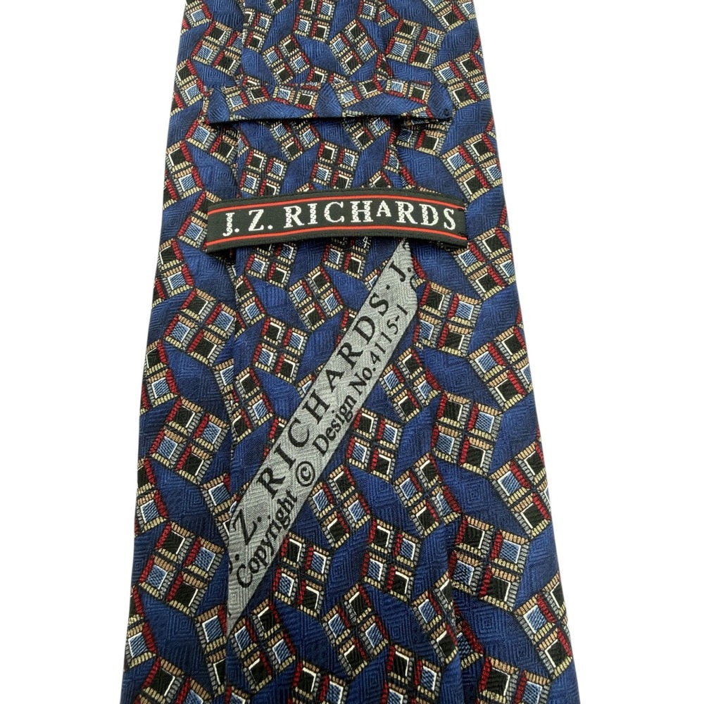 JZ Richards Mens Silk Geometric Square Necktie Blue Red Gold Made in USA (TF14)‎